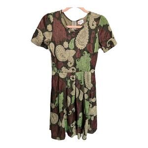 Lularoe Amelia knee length pleated dress zip up brown green paisley dress medium